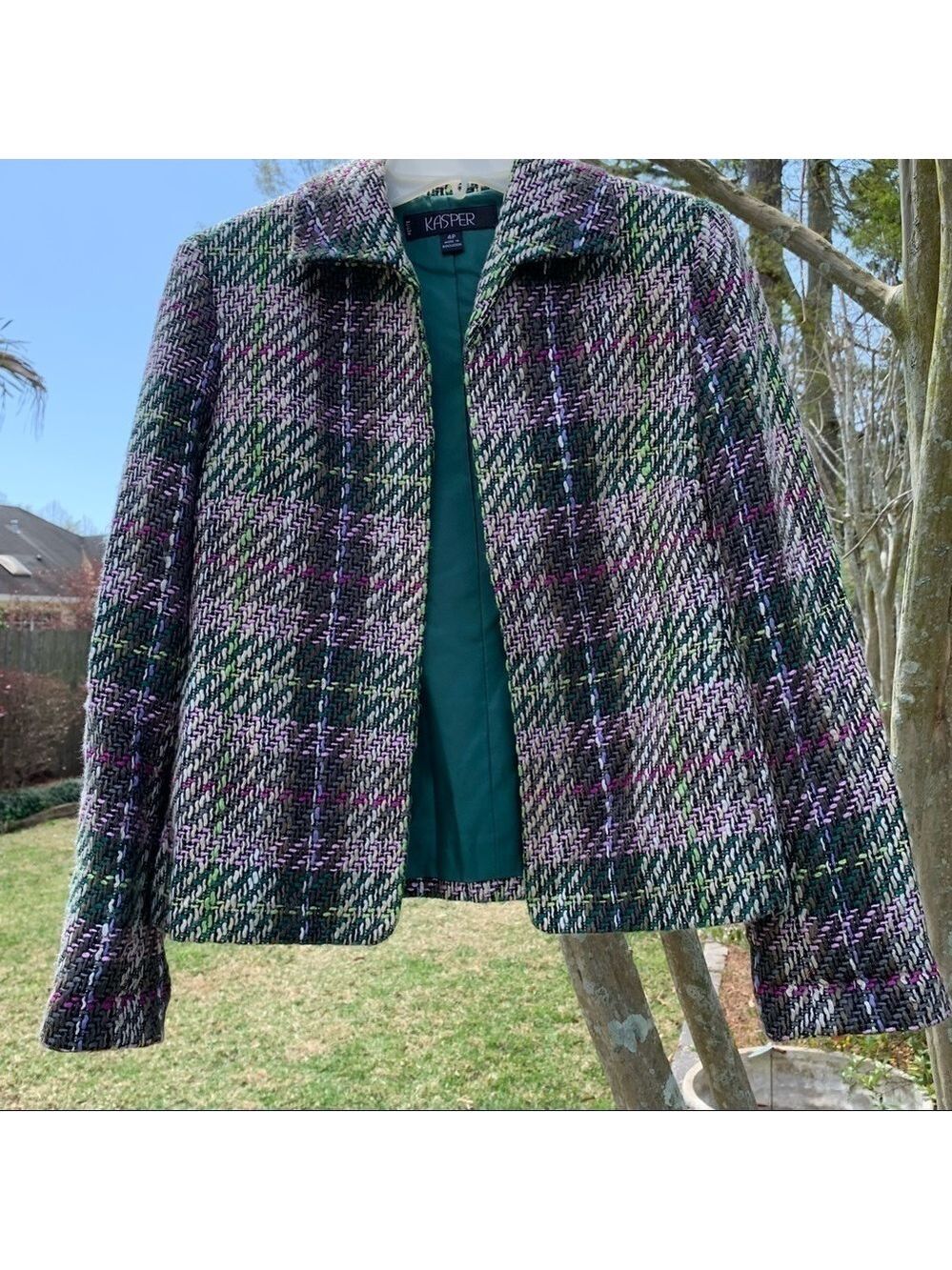 KASPER tweed plaid open front jacket blazer spring summer fall